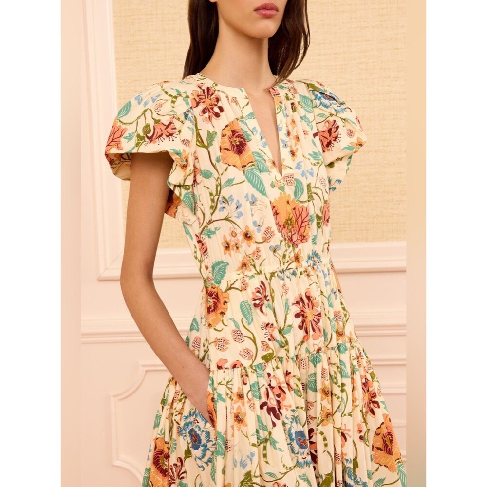 New ULLA JOHNSON Marin Cotton Floral Multicolor Pleated Ruffle-Sleeve Midi Dress - Picture 3 of 13